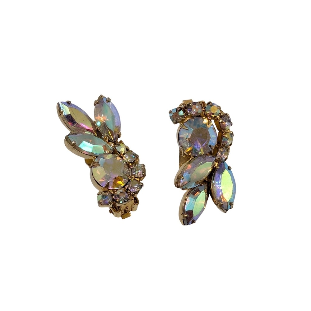 Vintage Aurora Borealis Rhinestone Clip On Earrings Gold Tone Spray Cluster